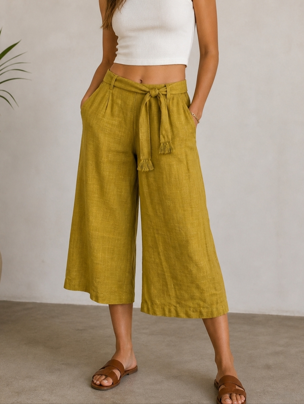 L*Space Wide-Leg Tie-Waist Pants in Mustard